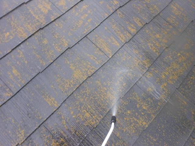 屋根にクリーナースーパーバイオ洗浄液塗布の様子です